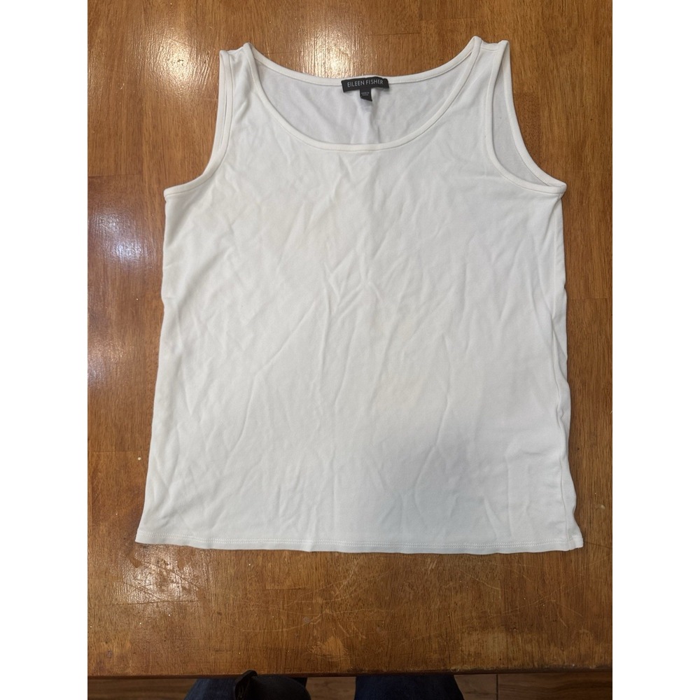 Eileen Fisher Silk Tank Top Small Cream Jersey Knit Sleeveless Shell Scoop Neck